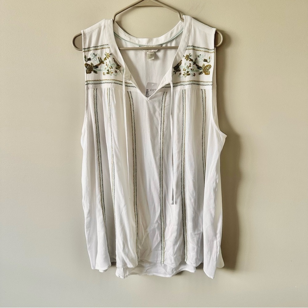 CJ Banks Green Floral Embroidered Tank Top Size 2X Boho Coastal Festival